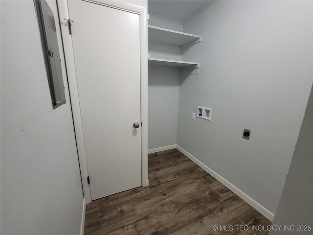 laundry area featuring dark wood finished floors, hookup for a washing machine, laundry area, electric dryer hookup, and baseboards