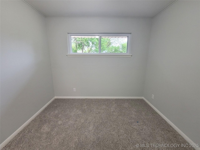spare room featuring ornamental molding, carpet flooring, and baseboards