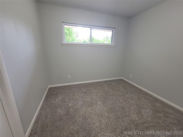 empty room featuring baseboards, carpet floors, and crown molding