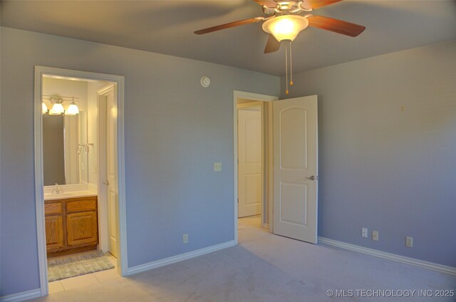 8160 S 270th E Ave, Broken Arrow, OK 74014 - unfurnished bedroom with baseboards, ensuite bathroom, light carpet, a ceiling fan, and a sink