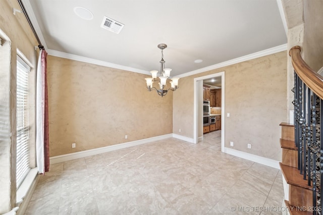 19434 S Quail Run Ct, Claremore, OK 74017 - spare room featuring a chandelier, ornamental molding, baseboards, and stairs