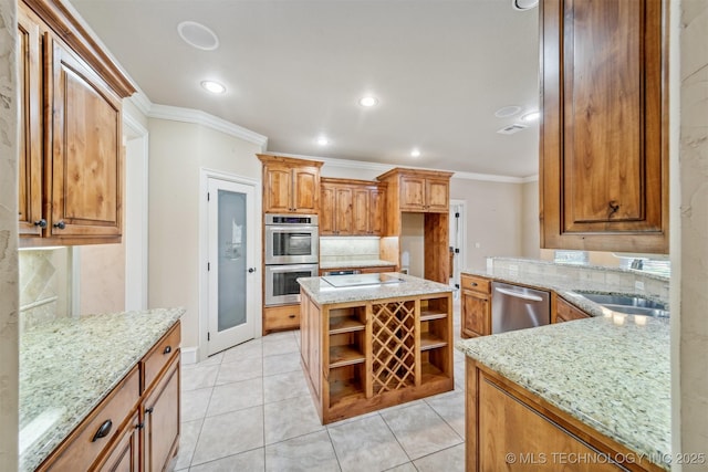 19434 S Quail Run Ct, Claremore, OK 74017 - kitchen featuring ornamental molding, stainless steel appliances, open shelves, decorative backsplash, and light stone counters