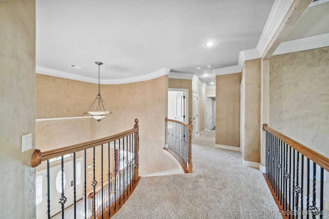 19434 S Quail Run Ct, Claremore, OK 74017 - corridor with an upstairs landing, ornamental molding, carpet floors, recessed lighting, and baseboards