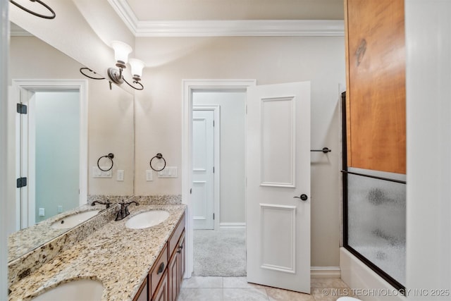 19434 S Quail Run Ct, Claremore, OK 74017 - full bathroom featuring ornamental molding, double vanity, tile patterned flooring, and baseboards