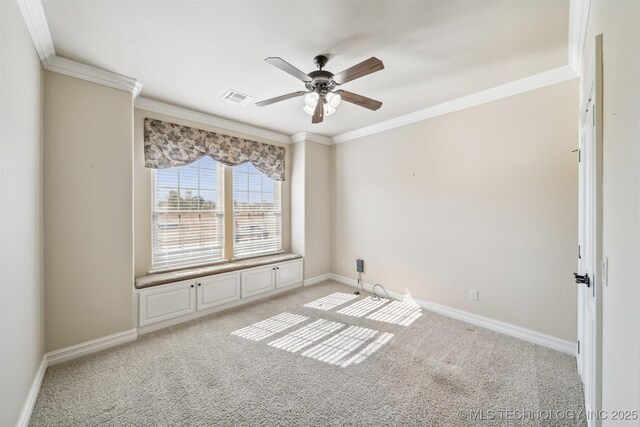 19434 S Quail Run Ct, Claremore, OK 74017 - unfurnished room with light carpet, ornamental molding, ceiling fan, and baseboards