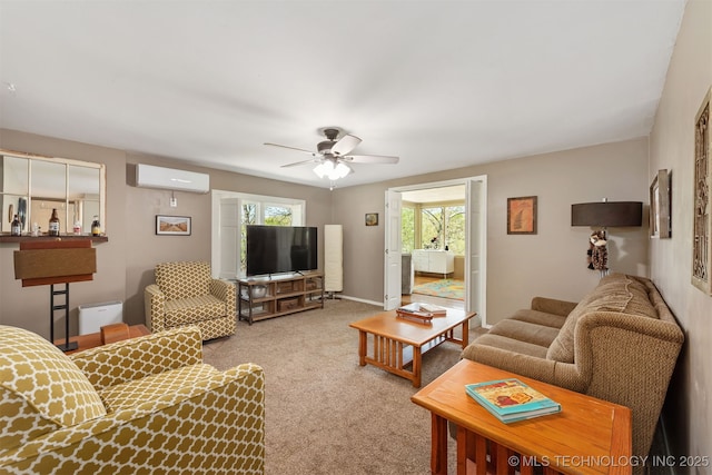 5068 County Road 370, Eucha, OK 74342 - living room featuring ceiling fan, an AC wall unit, and carpet flooring