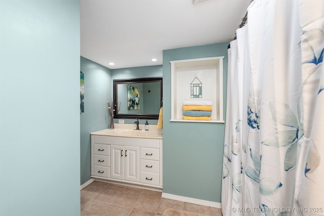 5068 County Road 370, Eucha, OK 74342 - bathroom featuring recessed lighting, tile patterned flooring, a shower with shower curtain, vanity, and baseboards