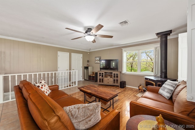 5068 County Road 370, Eucha, OK 74342 - living room with visible vents, ceiling fan, ornamental molding, and a wood stove