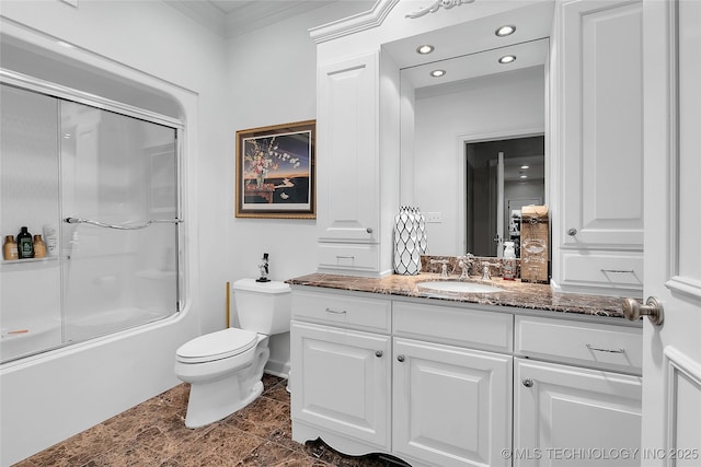 4829 S Zunis Ave, Tulsa, OK 74105 - bathroom with recessed lighting, vanity, toilet, enclosed tub / shower combo, and ornamental molding