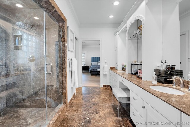 4829 S Zunis Ave, Tulsa, OK 74105 - bathroom with connected bathroom, crown molding, a sink, a marble finish shower, and marble finish floor