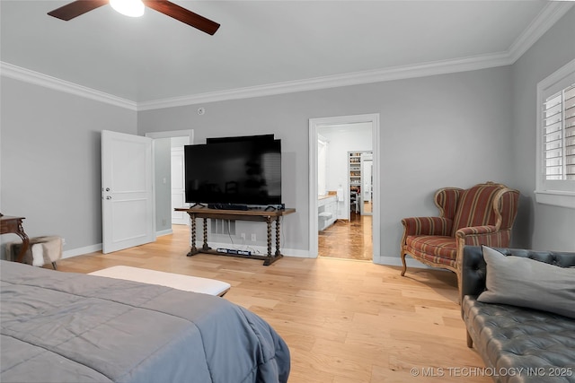 4829 S Zunis Ave, Tulsa, OK 74105 - bedroom featuring ornamental molding, a ceiling fan, light wood-style flooring, and baseboards