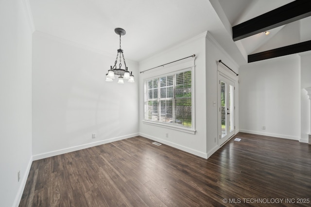 unfurnished dining area featuring a chandelier, baseboards, vaulted ceiling, visible vents, and dark wood-style floors