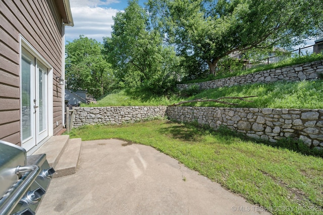 view of yard with a patio and french doors