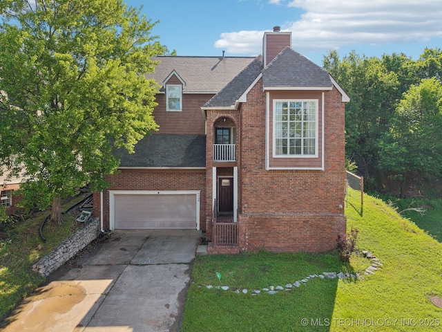 traditional home featuring driveway, a chimney, roof with shingles, brick siding, and an attached garage