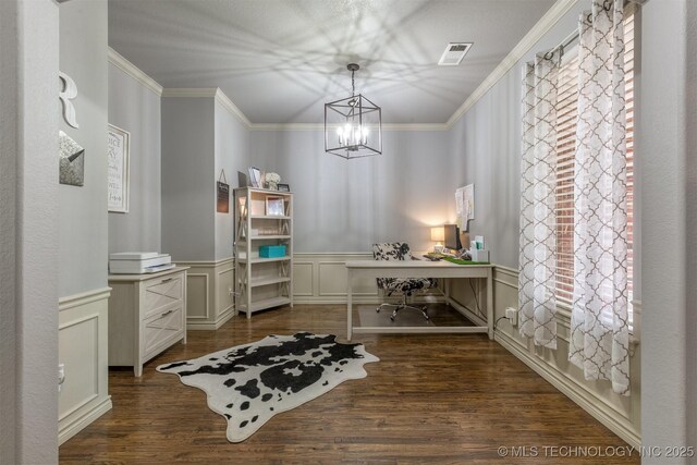 14530 S Gary Pl, Bixby, OK 74008 - office featuring dark wood-style flooring, a chandelier, a wealth of natural light, crown molding, and visible vents