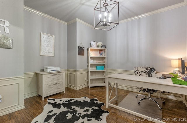 14530 S Gary Pl, Bixby, OK 74008 - home office featuring ornamental molding, a wainscoted wall, an inviting chandelier, and dark wood-type flooring