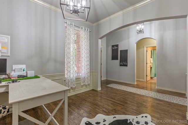 14530 S Gary Pl, Bixby, OK 74008 - office featuring an inviting chandelier, wood finished floors, ornamental molding, and arched walkways