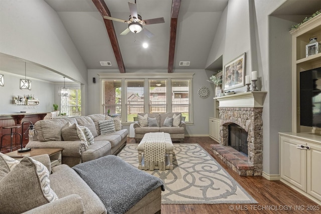 14530 S Gary Pl, Bixby, OK 74008 - living area with a fireplace, ceiling fan, high vaulted ceiling, visible vents, and wood finished floors