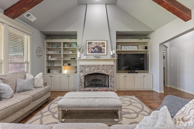 14530 S Gary Pl, Bixby, OK 74008 - living area with a fireplace, lofted ceiling with beams, built in features, visible vents, and wood finished floors
