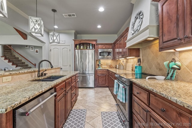 14530 S Gary Pl, Bixby, OK 74008 - kitchen featuring visible vents, stainless steel appliances, crown molding, and a sink