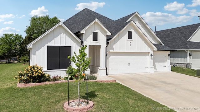 9218 N 141st E Ave, Owasso, OK 74055 - modern inspired farmhouse with board and batten siding, a shingled roof, a garage, driveway, and a front yard