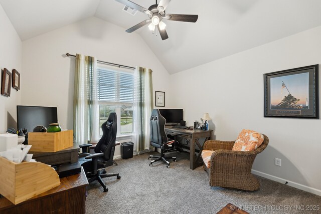 9218 N 141st E Ave, Owasso, OK 74055 - office area featuring lofted ceiling, carpet flooring, ceiling fan, visible vents, and baseboards