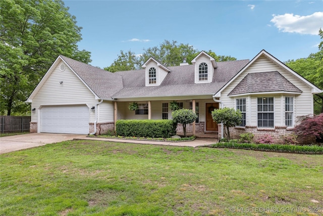 cape cod-style house with covered porch, brick siding, roof with shingles, concrete driveway, and an attached garage