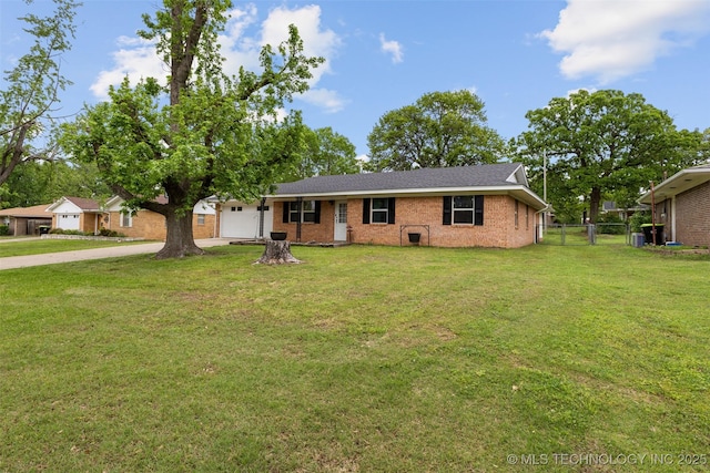 ranch-style home featuring a front lawn, a garage, driveway, brick siding, and fence