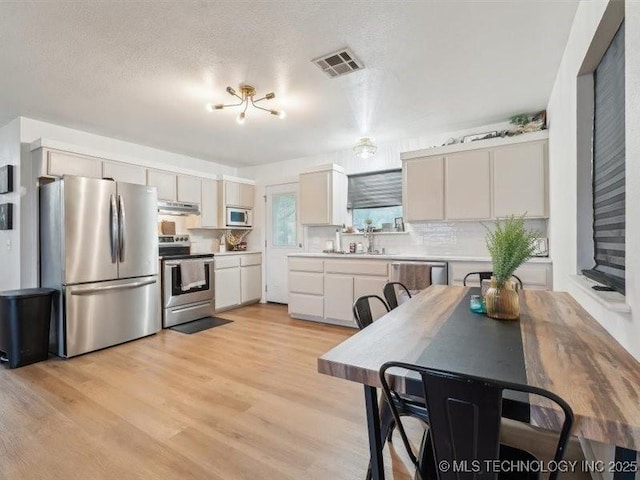 kitchen with light wood-style flooring, appliances with stainless steel finishes, visible vents, light countertops, and under cabinet range hood