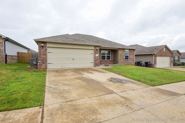 ranch-style house featuring concrete driveway, a front yard, fence, brick siding, and a garage