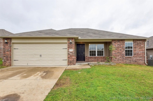 ranch-style house featuring brick siding, a front yard, concrete driveway, and an attached garage