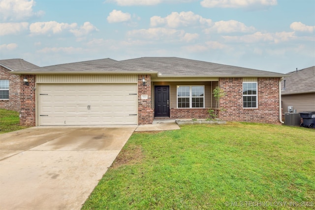 5974 E 146th Pl S, Bixby, OK 74008 - ranch-style house featuring brick siding, a front lawn, a garage, driveway, and cooling unit