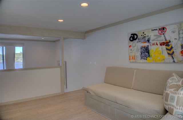 living area with wood finished floors and recessed lighting