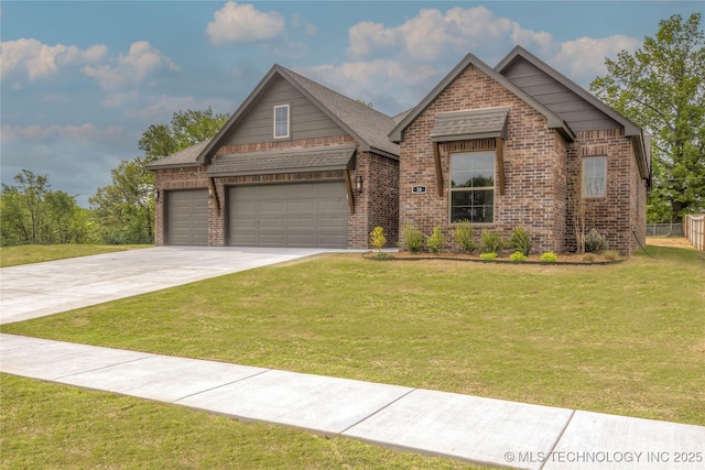 view of front of house with brick siding, a front yard, concrete driveway, and a garage