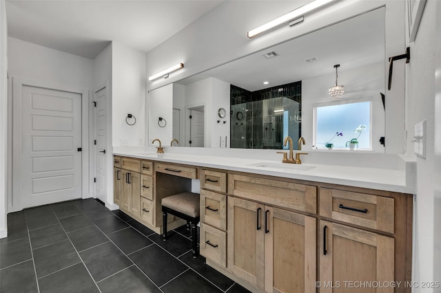 11529 S Marion Ave, Tulsa, OK 74137 - bathroom with double vanity, a stall shower, tile patterned floors, and a chandelier