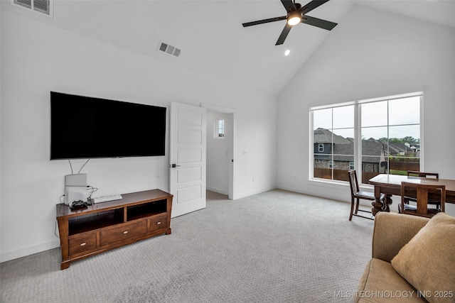 11529 S Marion Ave, Tulsa, OK 74137 - living room featuring high vaulted ceiling, ceiling fan, carpet floors, recessed lighting, and baseboards