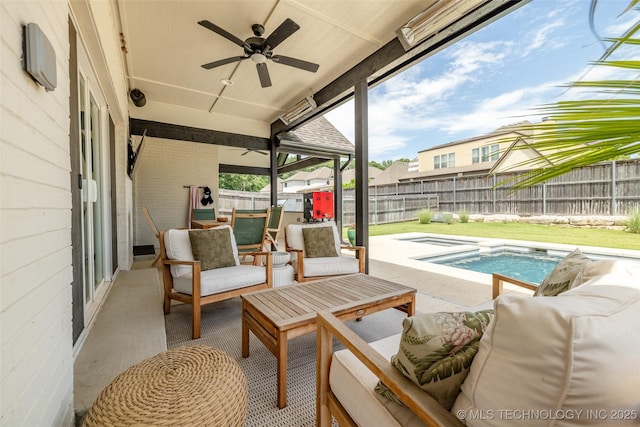 11529 S Marion Ave, Tulsa, OK 74137 - fenced backyard featuring a ceiling fan, an outdoor hangout area, a patio, and a jacuzzi