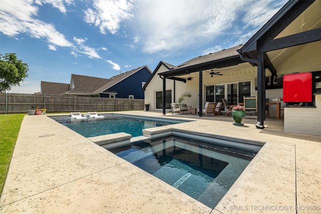 11529 S Marion Ave, Tulsa, OK 74137 - view of swimming pool featuring ceiling fan, a fenced backyard, a patio, and an outdoor hangout area