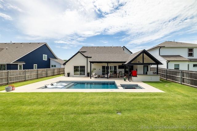 11529 S Marion Ave, Tulsa, OK 74137 - rear view of house with a pool with connected hot tub, a patio, a shingled roof, and stucco siding
