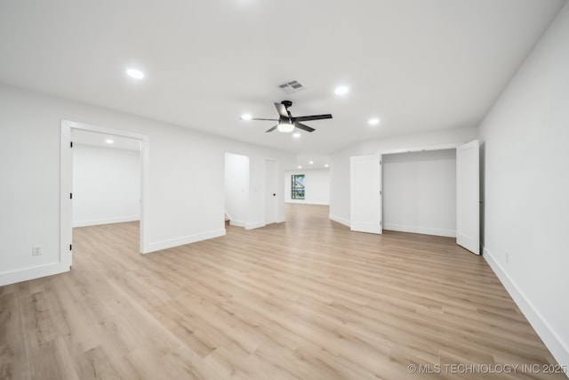 unfurnished living room featuring visible vents, ceiling fan, recessed lighting, and light wood-style floors