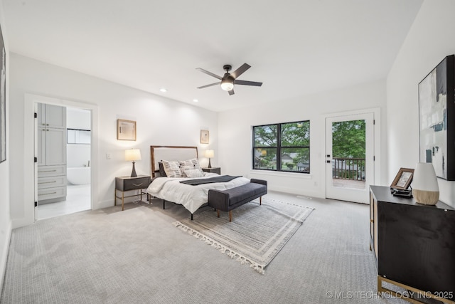 carpeted bedroom with recessed lighting, ceiling fan, access to outside, baseboards, and ensuite bathroom