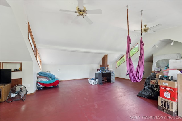 bonus room with baseboards, a ceiling fan, and lofted ceiling