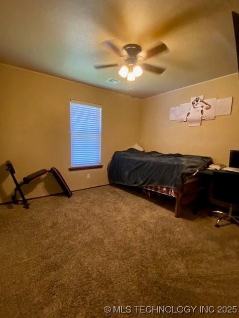 bedroom featuring carpet flooring and ceiling fan