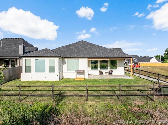 13722 S 20th Pl E, Bixby, OK 74008 - rear view of house with a fenced backyard, stucco siding, a shingled roof, a patio area, and a lawn