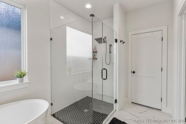 13722 S 20th Pl E, Bixby, OK 74008 - bathroom featuring a shower stall, recessed lighting, marble finish floor, and a freestanding tub