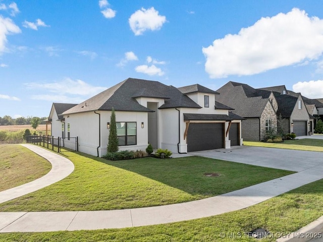 13722 S 20th Pl E, Bixby, OK 74008 - french country style house with a front lawn, a residential view, concrete driveway, stucco siding, and fence