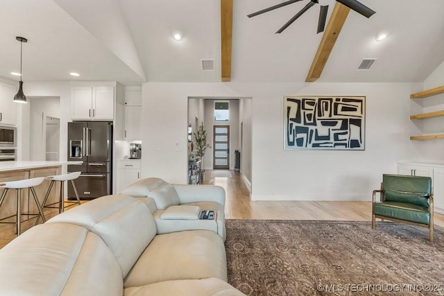 13722 S 20th Pl E, Bixby, OK 74008 - living area with light wood-type flooring, visible vents, ceiling fan, and beam ceiling