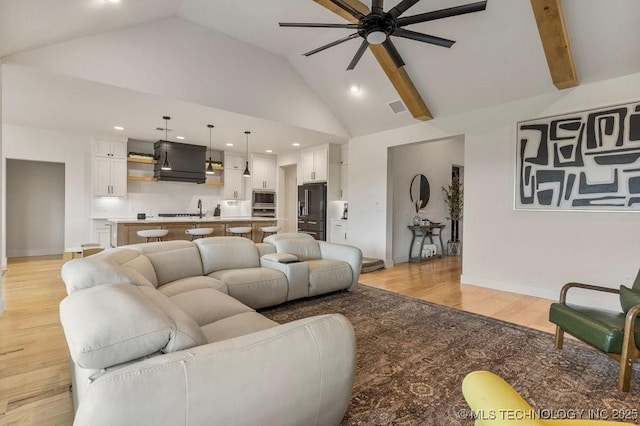 13722 S 20th Pl E, Bixby, OK 74008 - living area with light wood finished floors, recessed lighting, ceiling fan, high vaulted ceiling, and visible vents