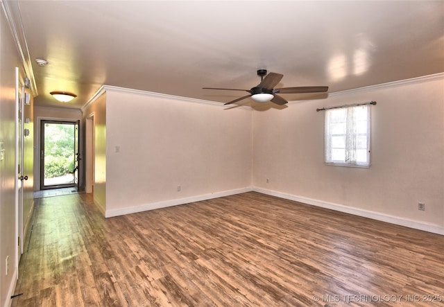 705 W Boston St, Broken Arrow, OK 74012 - unfurnished room with baseboards, ceiling fan, dark wood-style flooring, and crown molding