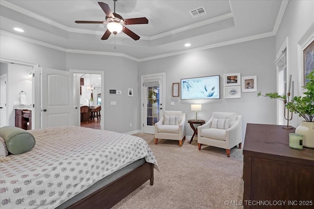 bedroom with recessed lighting, a raised ceiling, crown molding, visible vents, and light carpet